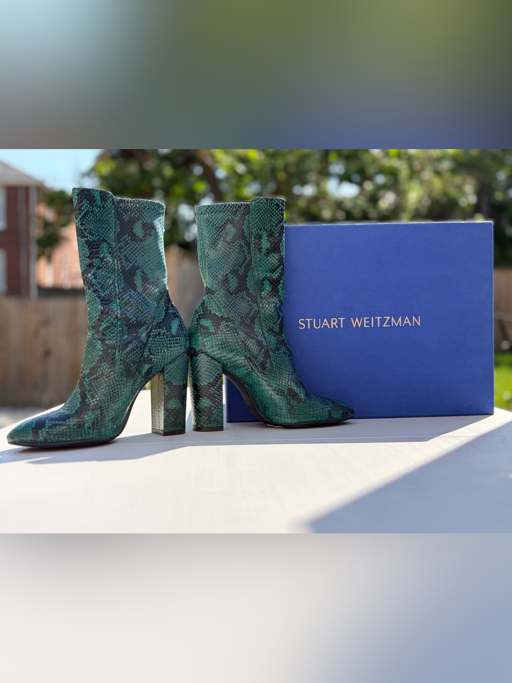 Stuart Weitzman Fifer 100 Emerald Python Printed Snake-Print Block Heel Boots